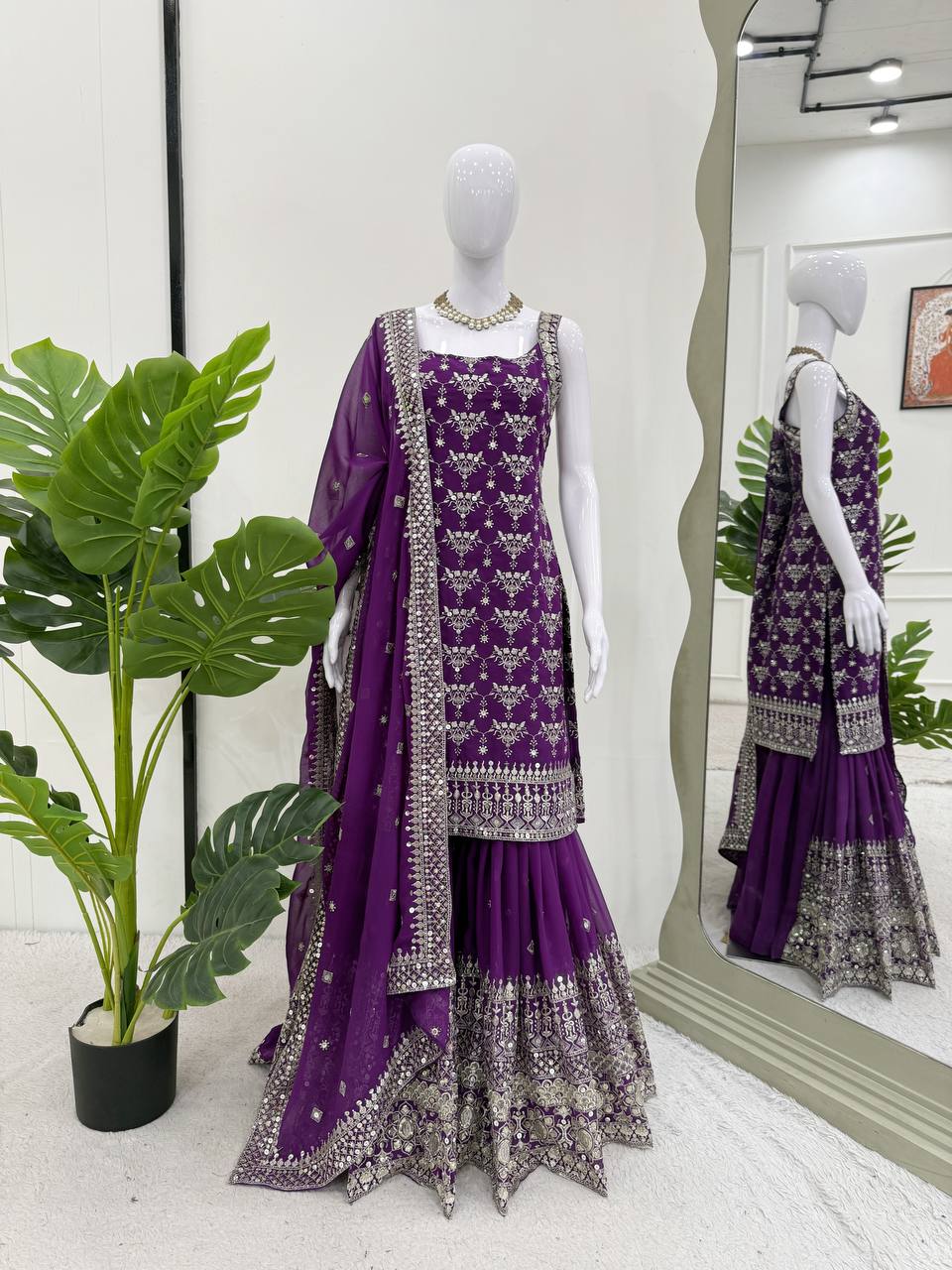 Sangeet Wear Purple Color Soft Faux Georgette Thread Embroidery With Sequins Work Sharara Suit
