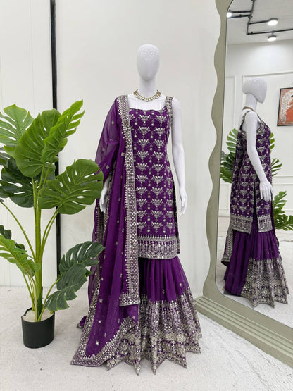Sangeet Wear Purple Color Soft Faux Georgette Thread Embroidery With Sequins Work Sharara Suit
