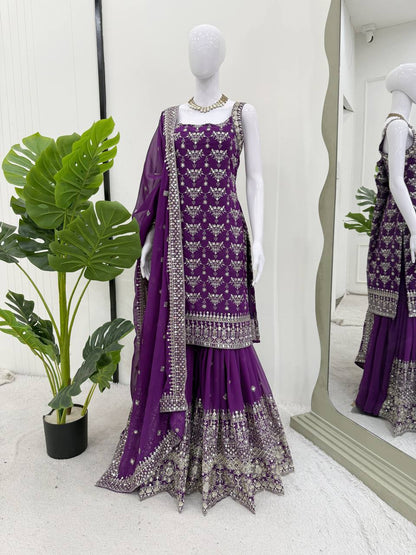 Sangeet Wear Purple Color Soft Faux Georgette Thread Embroidery With Sequins Work Sharara Suit