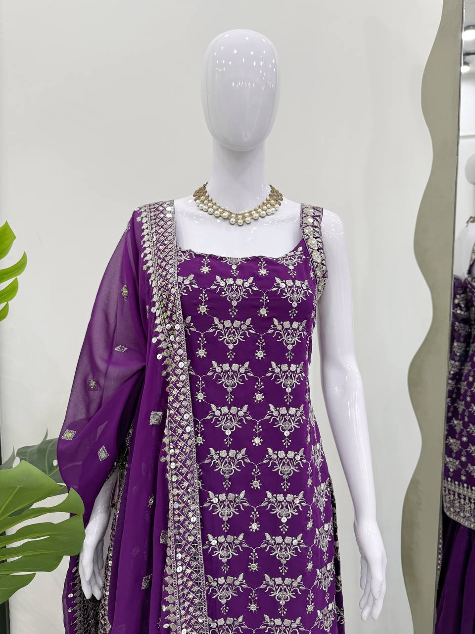Sangeet Wear Purple Color Soft Faux Georgette Thread Embroidery With Sequins Work Sharara Suit