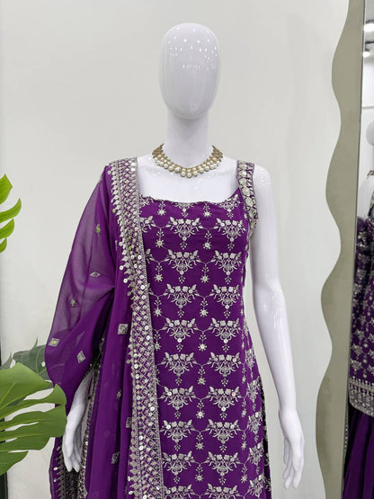 Sangeet Wear Purple Color Soft Faux Georgette Thread Embroidery With Sequins Work Sharara Suit