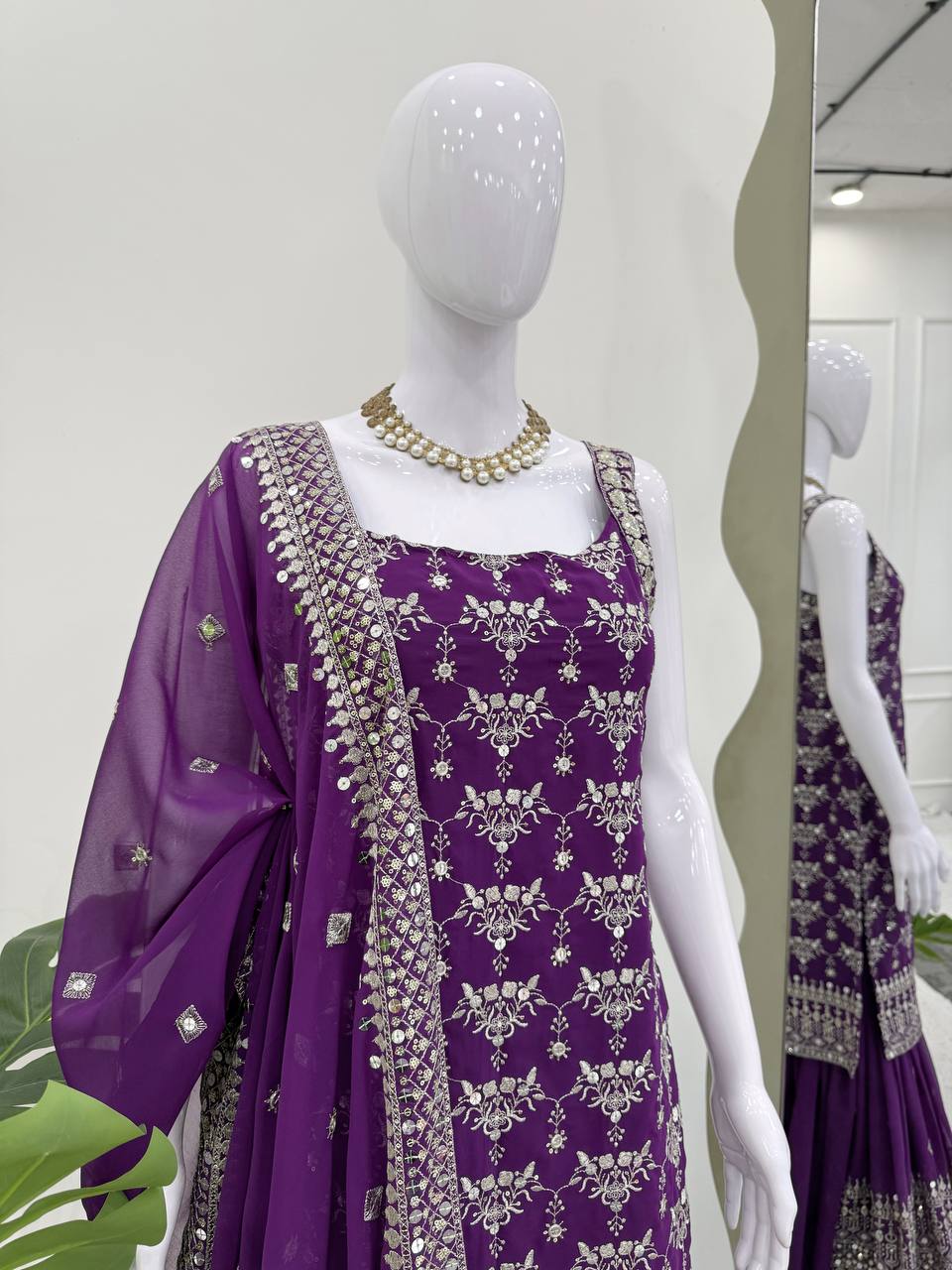 Sangeet Wear Purple Color Soft Faux Georgette Thread Embroidery With Sequins Work Sharara Suit
