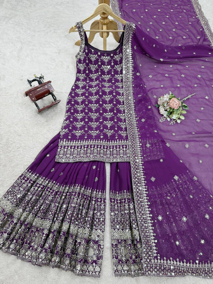 Sangeet Wear Purple Color Soft Faux Georgette Thread Embroidery With Sequins Work Sharara Suit
