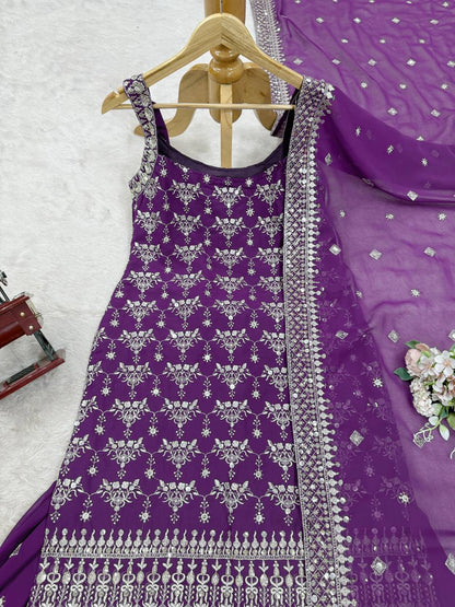 Sangeet Wear Purple Color Soft Faux Georgette Thread Embroidery With Sequins Work Sharara Suit