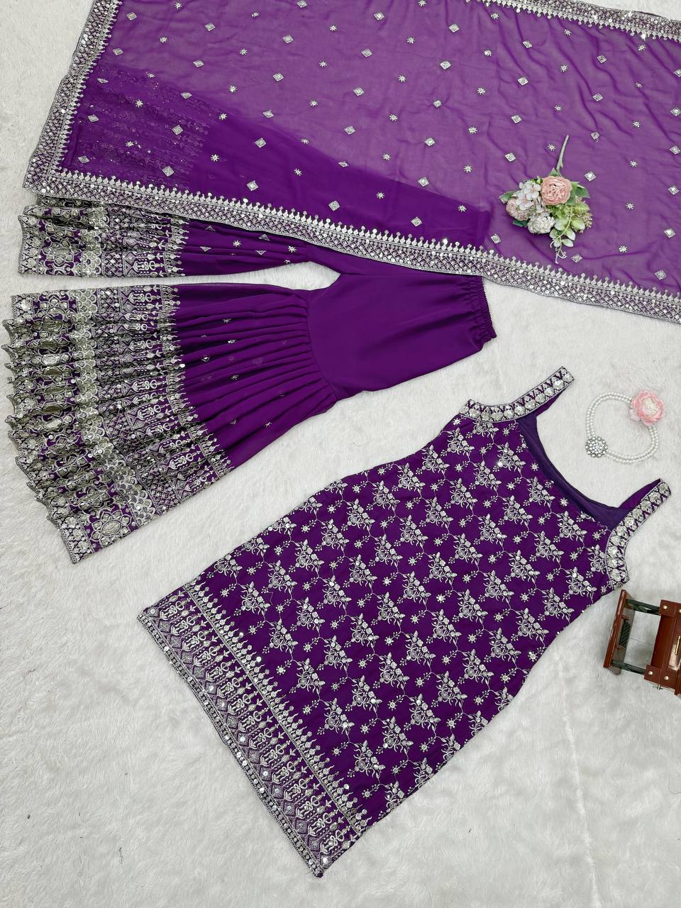Sangeet Wear Purple Color Soft Faux Georgette Thread Embroidery With Sequins Work Sharara Suit