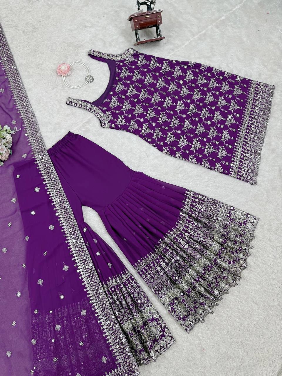 Sangeet Wear Purple Color Soft Faux Georgette Thread Embroidery With Sequins Work Sharara Suit