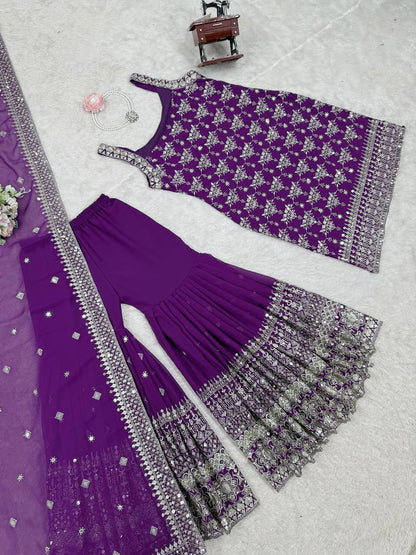 Sangeet Wear Purple Color Soft Faux Georgette Thread Embroidery With Sequins Work Sharara Suit