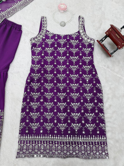 Sangeet Wear Purple Color Soft Faux Georgette Thread Embroidery With Sequins Work Sharara Suit