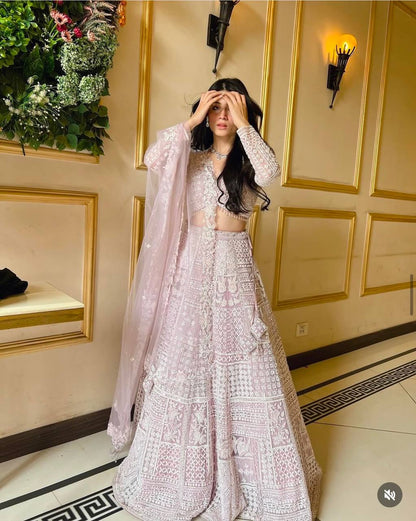 Engagement Wear Lavender Color Net Lehenga With Resham Thread And Sequins Work Designer Lehenga Choli