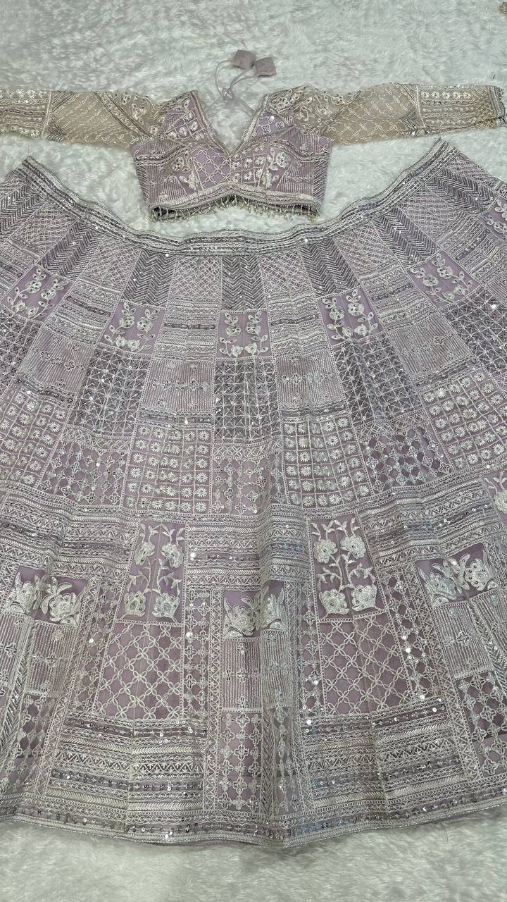 Engagement Wear Lavender Color Net Lehenga With Resham Thread And Sequins Work Designer Lehenga Choli