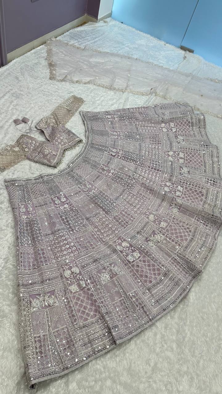 Engagement Wear Lavender Color Net Lehenga With Resham Thread And Sequins Work Designer Lehenga Choli