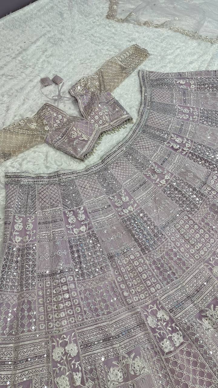 Engagement Wear Lavender Color Net Lehenga With Resham Thread And Sequins Work Designer Lehenga Choli