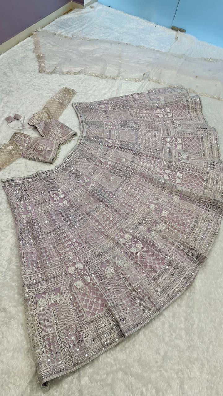 Engagement Wear Lavender Color Net Lehenga With Resham Thread And Sequins Work Designer Lehenga Choli