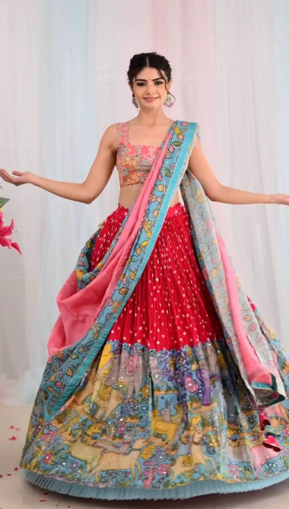 Wedding Wear Red Color Cotton With Kalamkari Printed Designer Lehenga Choli