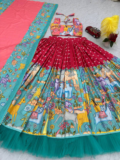 Wedding Wear Red Color Cotton With Kalamkari Printed Designer Lehenga Choli