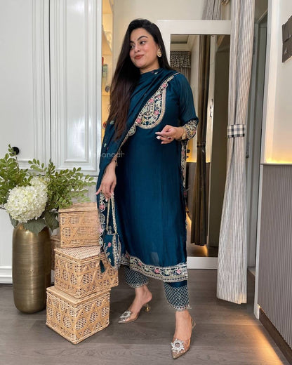 Designer Navy Blue Color Chinon Silk Heavy Embroidered Work Pakistani Suit With Dupatta
