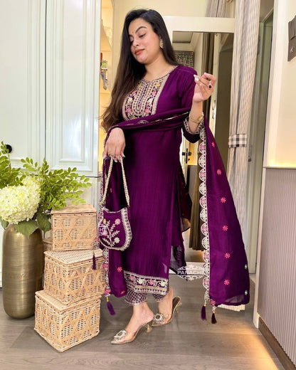 Designer Wine Color Chinon Silk Heavy Embroidered Work Pakistani Suit With Dupatta