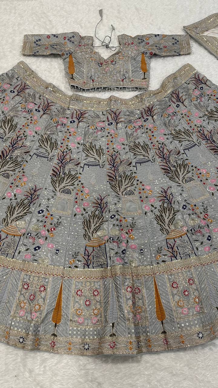 Bollywood Style Designer Weddign Wear Grey Color Heavy Embroidered Kasturi Silk Lehenga Choli