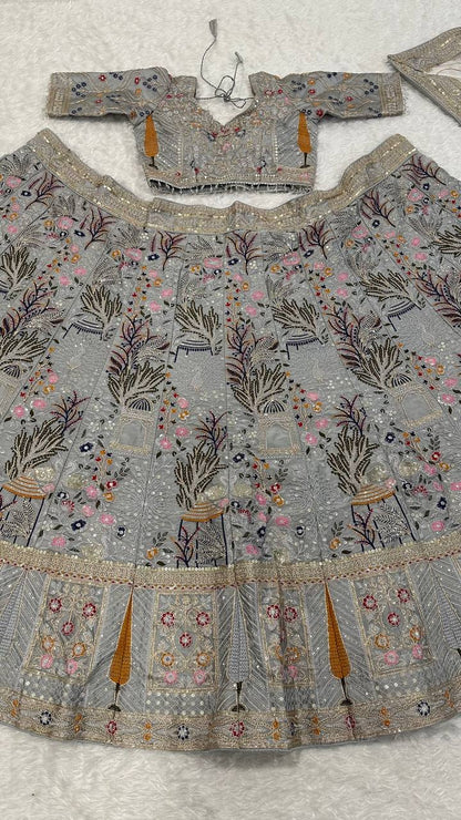 Bollywood Style Designer Weddign Wear Grey Color Heavy Embroidered Kasturi Silk Lehenga Choli