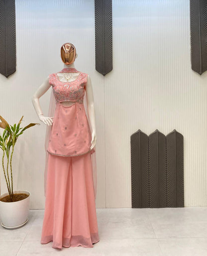 Trendy Wedding Wear Indo Western Peach Color Sequence Embroidered Outfit With Dupatta