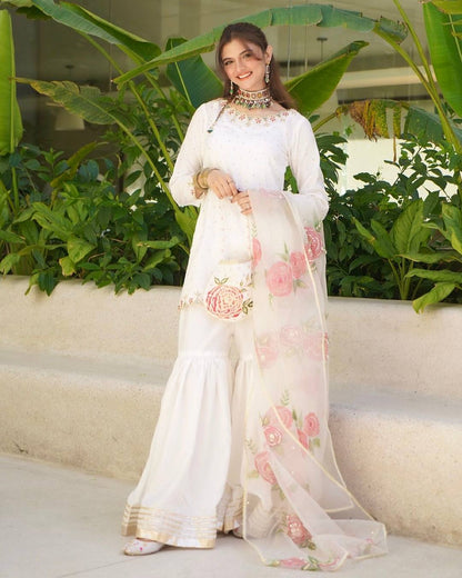 Beautiful White Color Premium Pure Natural Crepe With Embroidery And Sequin Work Sharara Suit