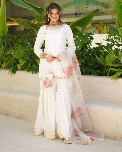 Beautiful White Color Premium Pure Natural Crepe With Embroidery And Sequin Work Sharara Suit
