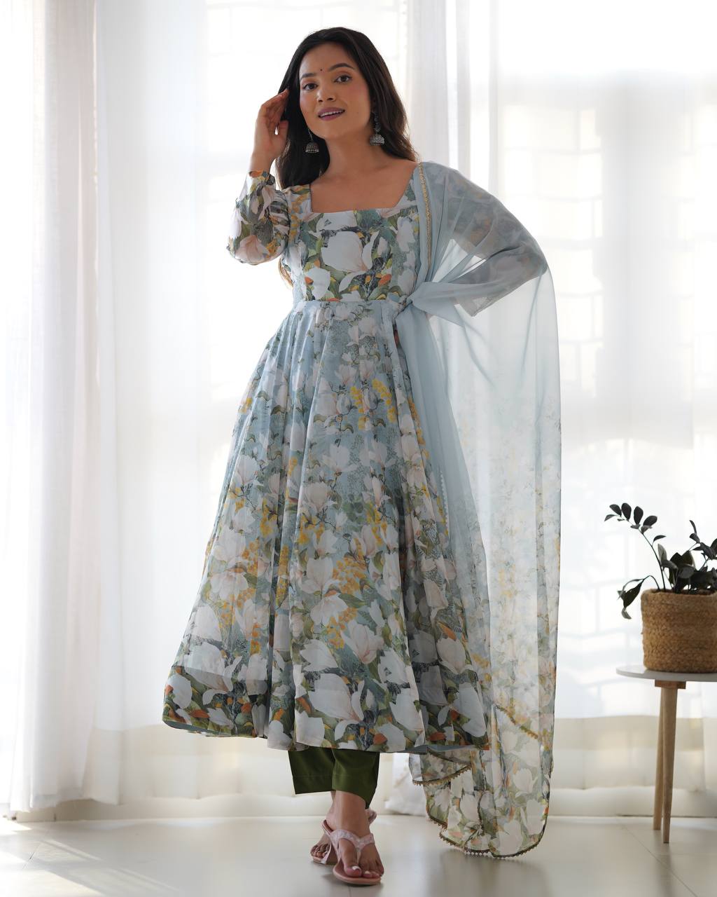 Function Wear Multi Color Heavy Pure Soft Organza Silk With Floral Printed Designer Anarkali Gown