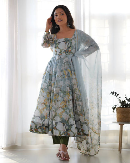 Function Wear Multi Color Heavy Pure Soft Organza Silk With Floral Printed Designer Anarkali Gown