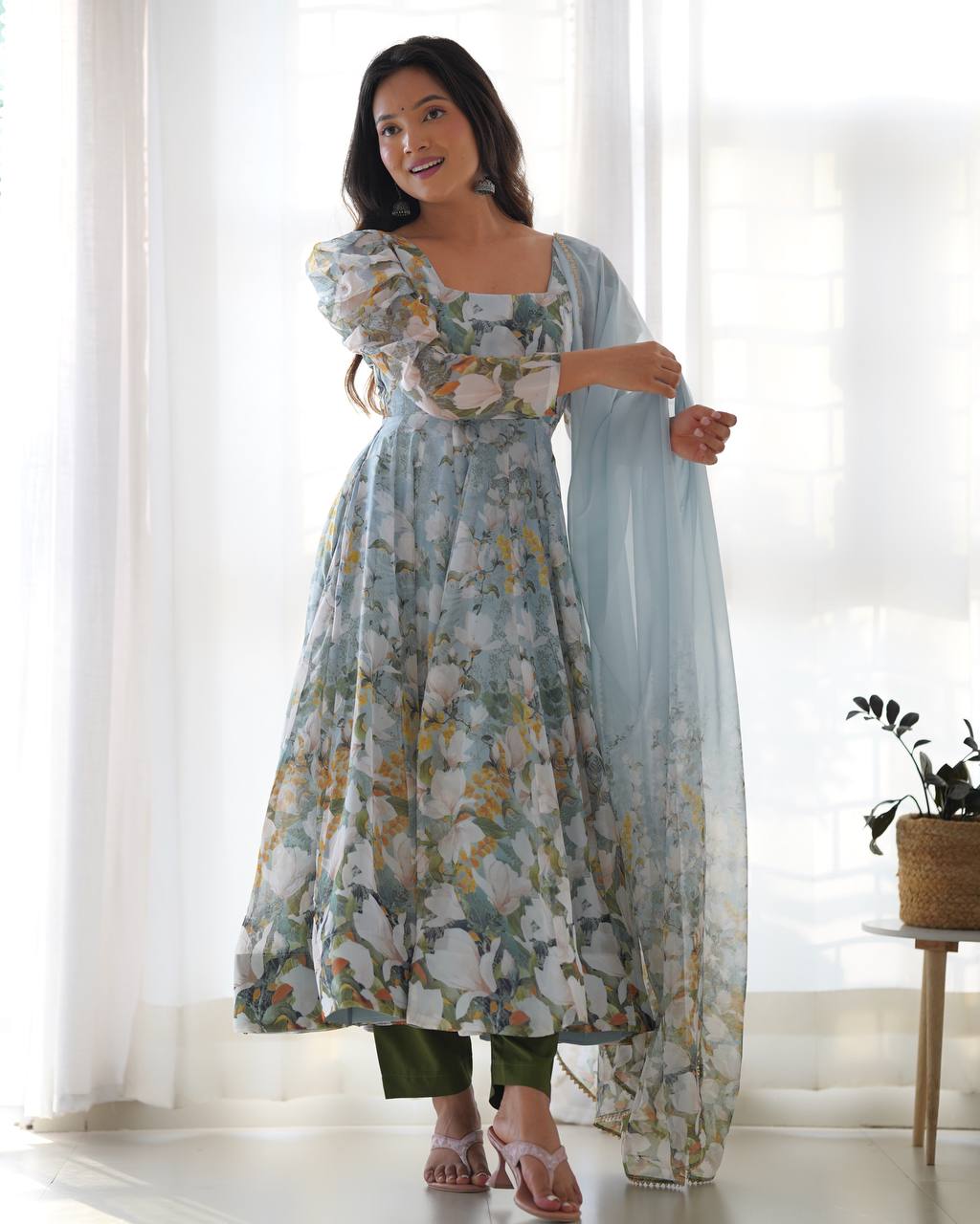 Function Wear Multi Color Heavy Pure Soft Organza Silk With Floral Printed Designer Anarkali Gown