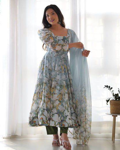 Function Wear Multi Color Heavy Pure Soft Organza Silk With Floral Printed Designer Anarkali Gown