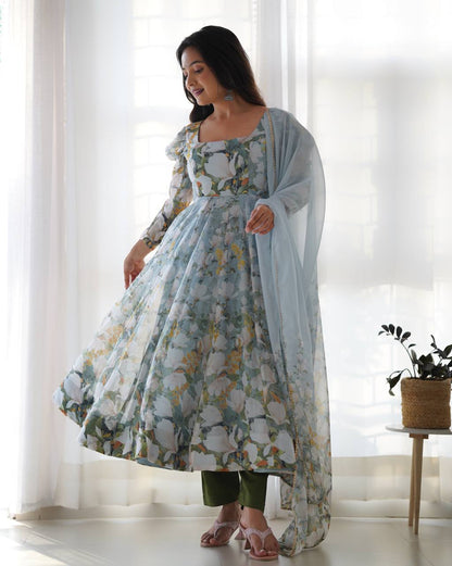 Function Wear Multi Color Heavy Pure Soft Organza Silk With Floral Printed Designer Anarkali Gown
