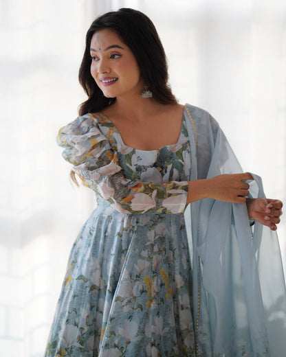 Function Wear Multi Color Heavy Pure Soft Organza Silk With Floral Printed Designer Anarkali Gown