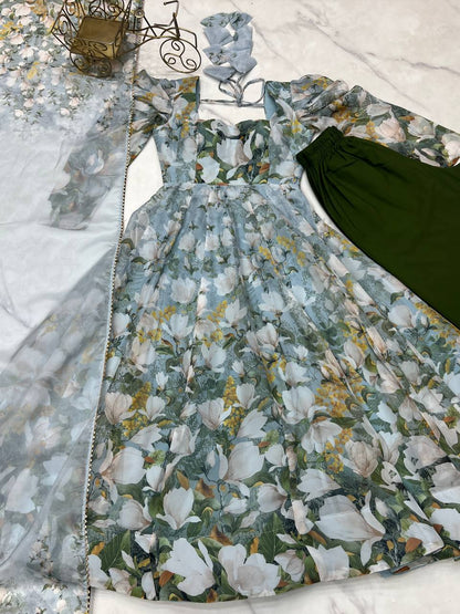 Function Wear Multi Color Heavy Pure Soft Organza Silk With Floral Printed Designer Anarkali Gown