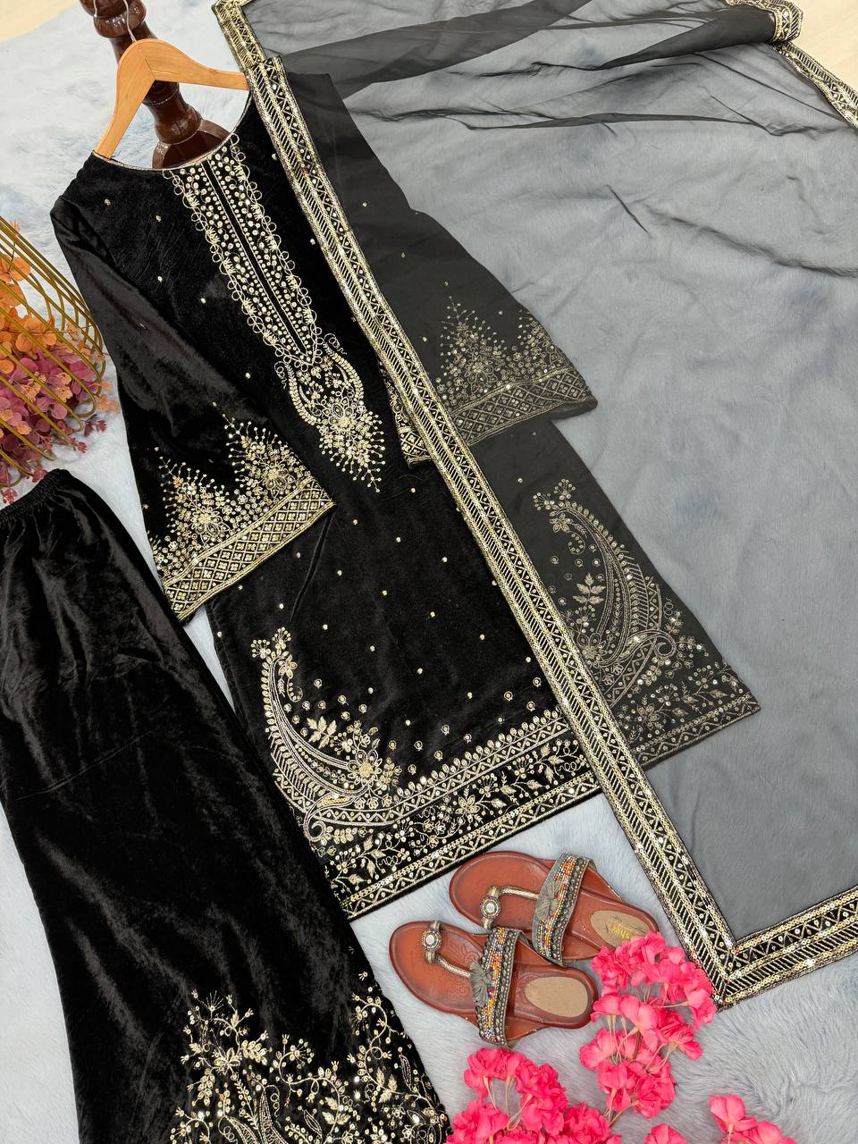 Designer Black Color Ready To Wear Velvet Plazzo Salwar Suit Set