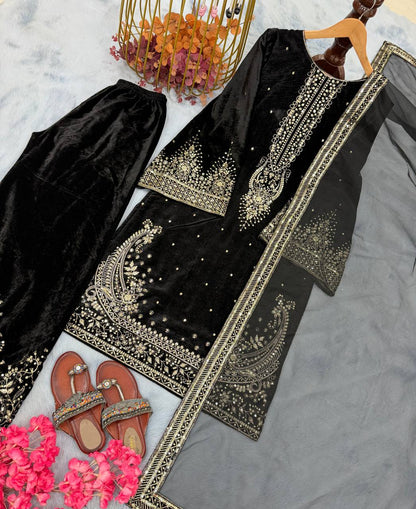 Designer Black Color Ready To Wear Velvet Plazzo Salwar Suit Set