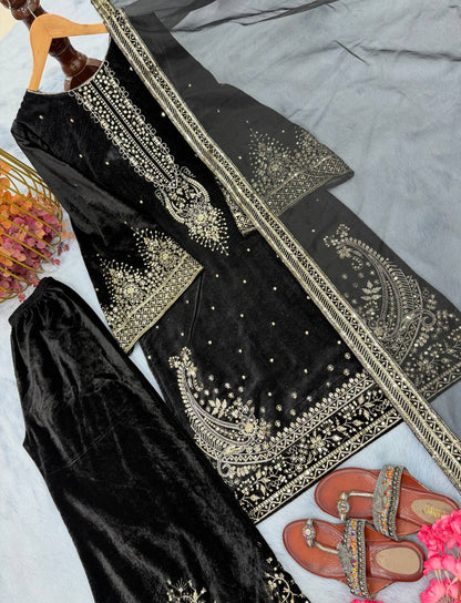 Designer Black Color Ready To Wear Velvet Plazzo Salwar Suit Set
