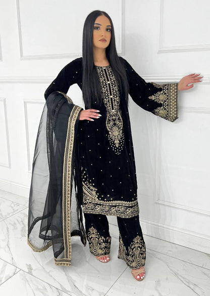 Designer Black Color Ready To Wear Velvet Plazzo Salwar Suit Set