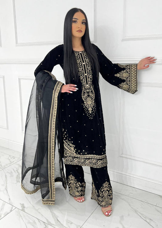 Designer Black Color Ready To Wear Velvet Plazzo Salwar Suit Set