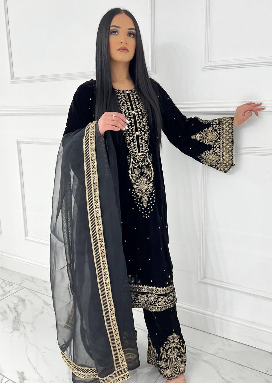 Designer Black Color Ready To Wear Velvet Plazzo Salwar Suit Set