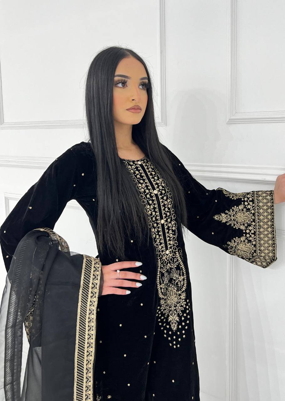 Designer Black Color Ready To Wear Velvet Plazzo Salwar Suit Set