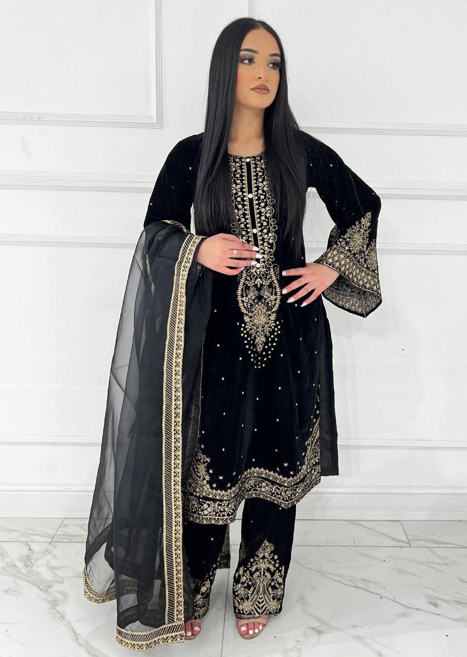 Designer Black Color Ready To Wear Velvet Plazzo Salwar Suit Set