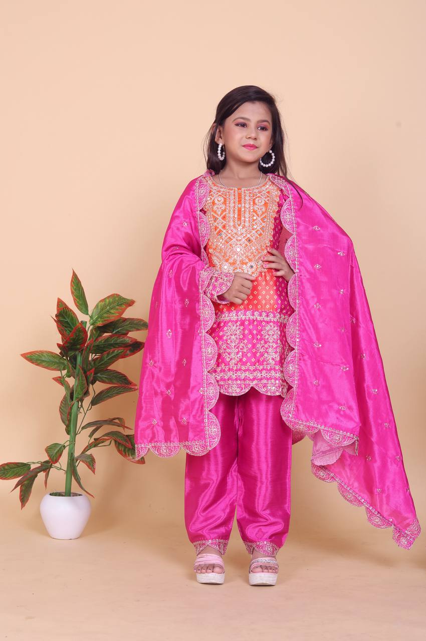 Designer Pink Color Pure Chinnon With Heavy Embroidery Coding Dori-Sequence Work Top-Bottom And Dupatta Set Fully Stitched