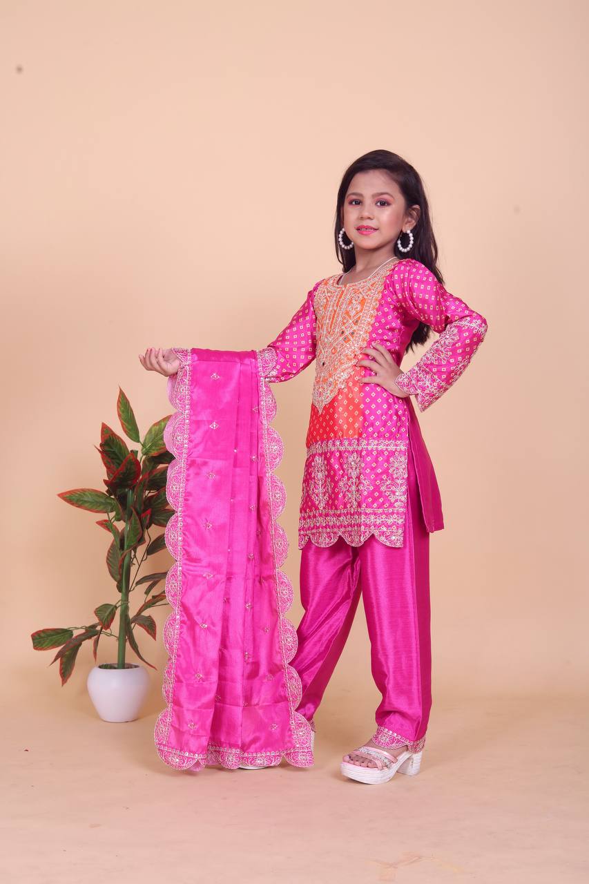 Designer Pink Color Pure Chinnon With Heavy Embroidery Coding Dori-Sequence Work Top-Bottom And Dupatta Set Fully Stitched
