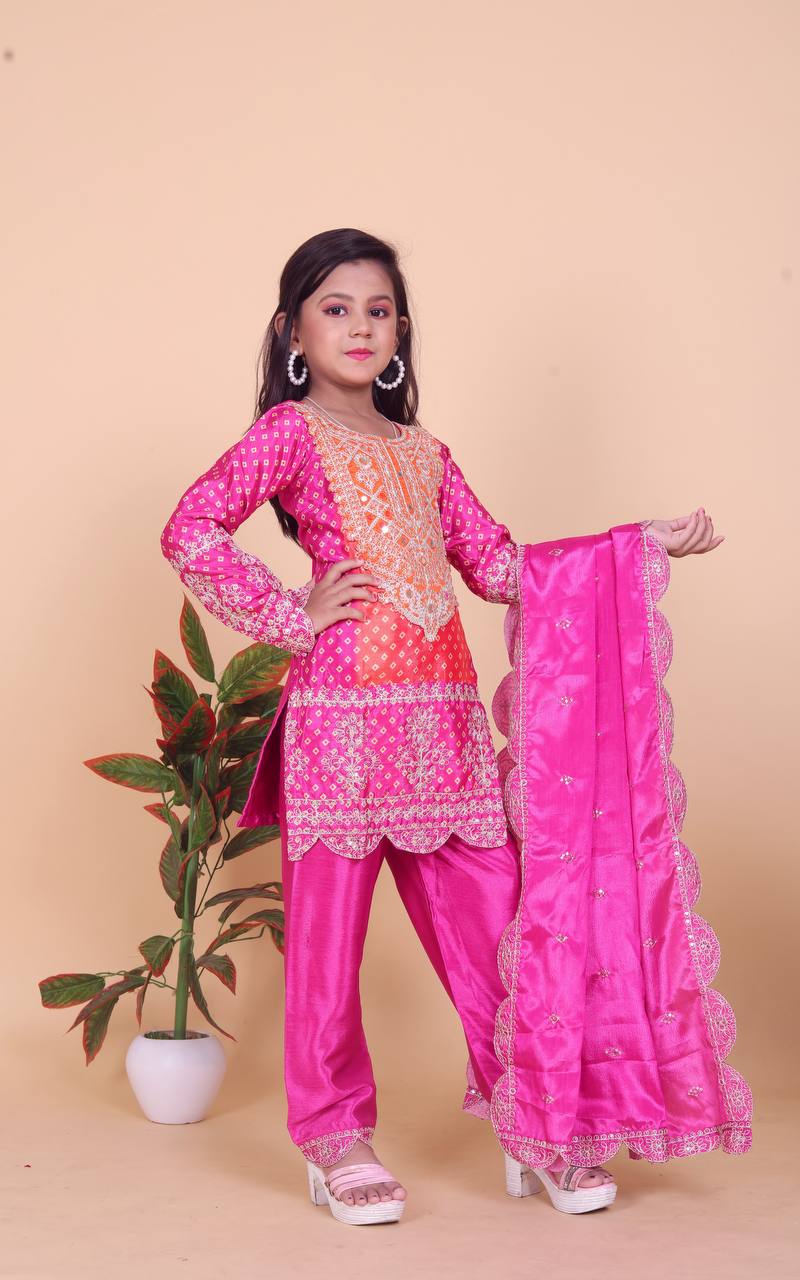 Designer Pink Color Pure Chinnon With Heavy Embroidery Coding Dori-Sequence Work Top-Bottom And Dupatta Set Fully Stitched
