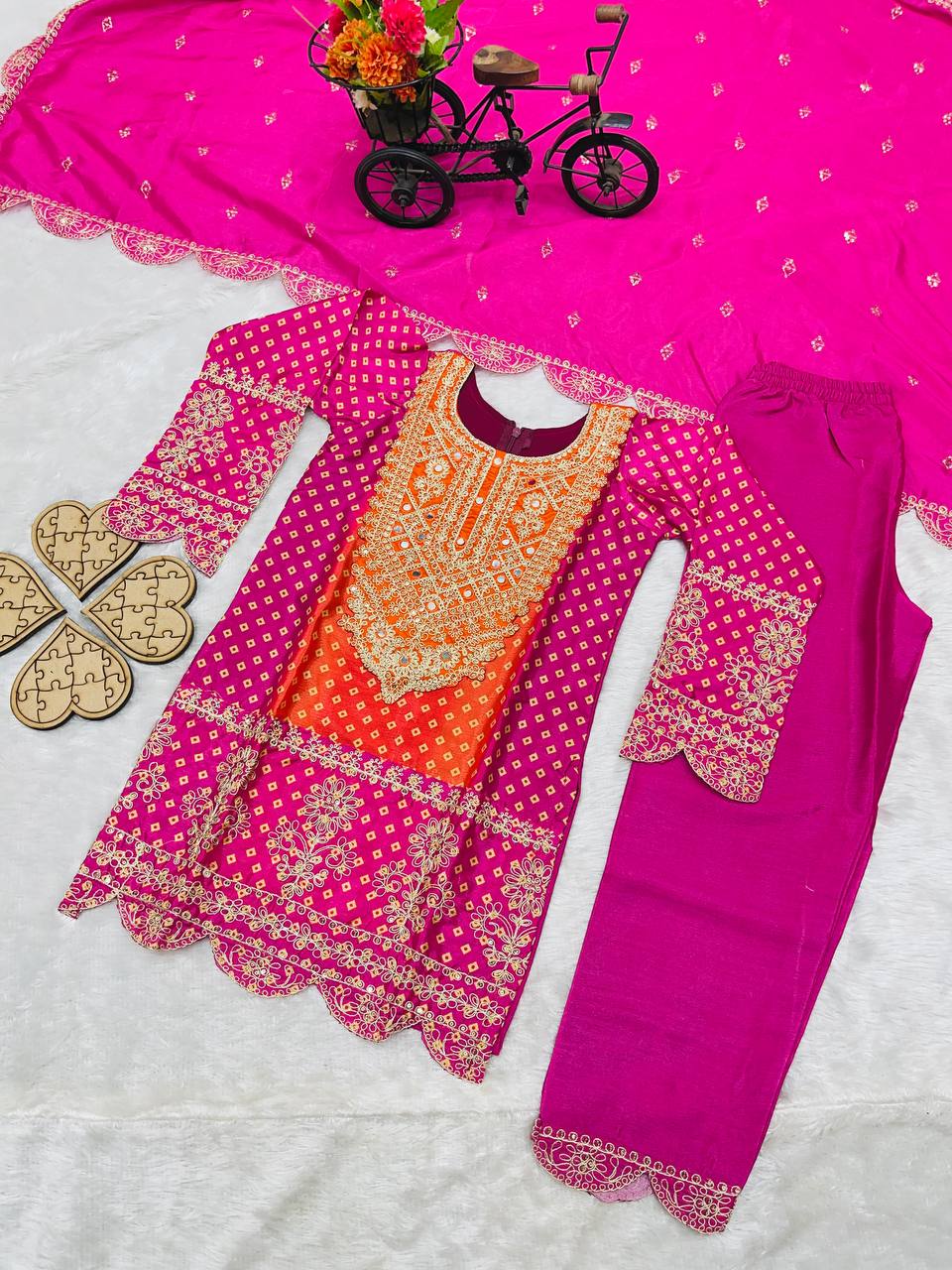 Designer Pink Color Pure Chinnon With Heavy Embroidery Coding Dori-Sequence Work Top-Bottom And Dupatta Set Fully Stitched