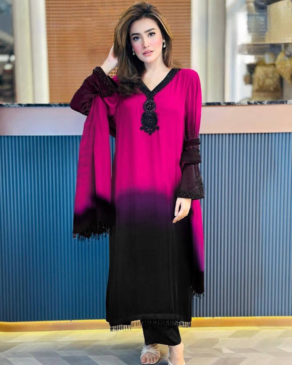 Unique Pink Color Embroidery Beads Work Full Sleeves Salwar Suit