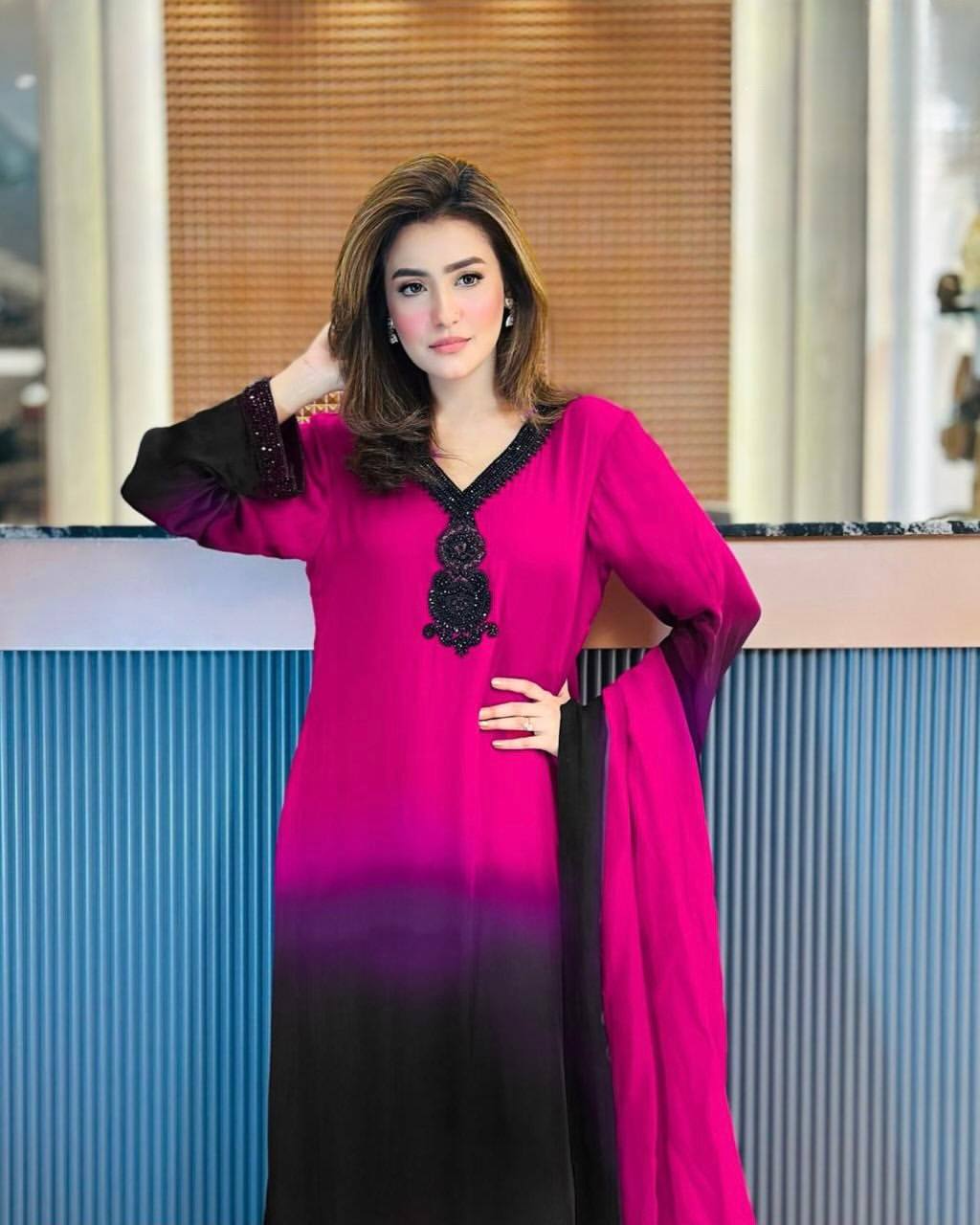 Unique Pink Color Embroidery Beads Work Full Sleeves Salwar Suit