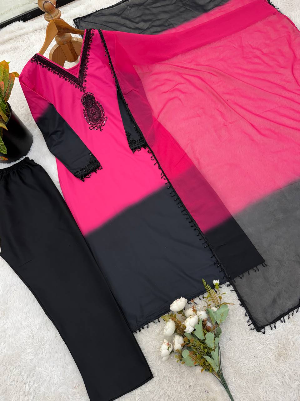 Unique Pink Color Embroidery Beads Work Full Sleeves Salwar Suit