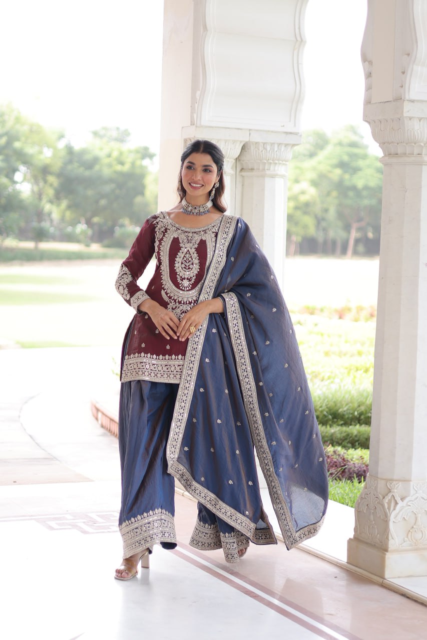 Beautiful Maroon And Blue Color Embridered Sharara Suit Set