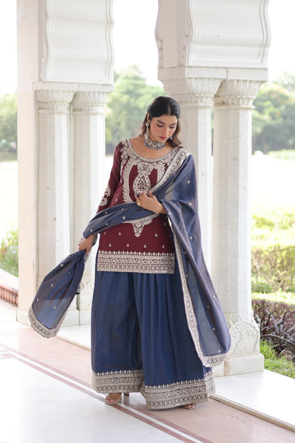 Beautiful Maroon And Blue Color Embridered Sharara Suit Set